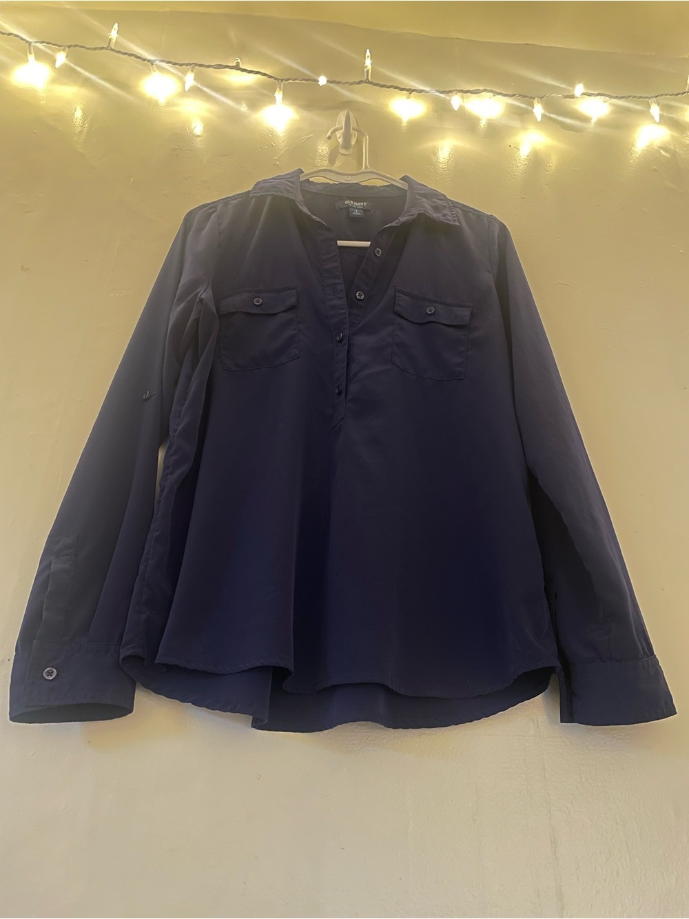 Old Navy Navy Blue Satin Look Button-Down Blouse Classic Office Work Longsleeve - Picture 10 of 11